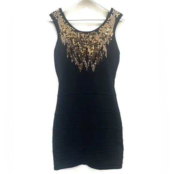 Y2K 2b Bebe Black Metallic Gold Sequin Bandage Sleeveless Cutout Back Slip - Picture 8 of 14